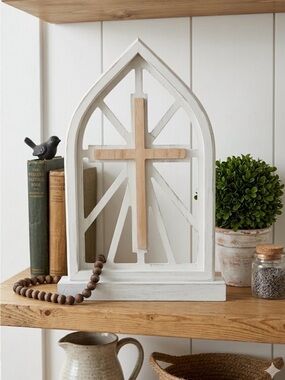 Willow Spring Wood Cathedral Window Arch Cross Tabletop Mantel Decor White